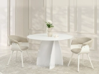 BIAŁY okrągły stół do salonu z designerską podstawą GUJANA - w aranżacji z krzesłami ELINA