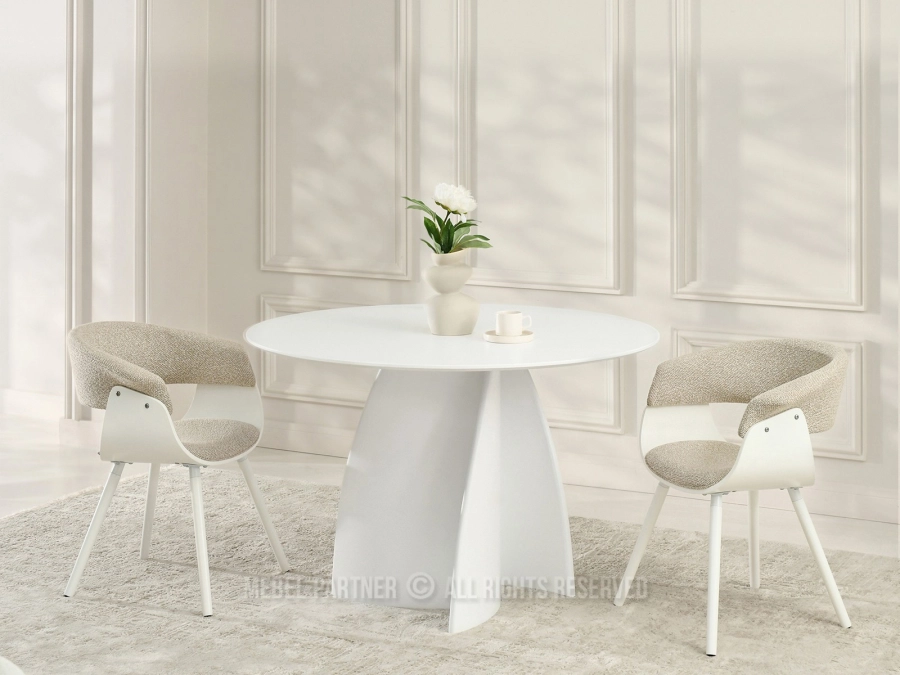 BIAŁY okrągły stół do salonu z designerską podstawą GUJANA - w aranżacji z krzesłami ELINA