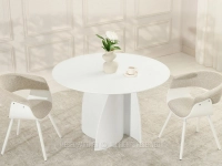 BIAŁY okrągły stół do salonu z designerską podstawą GUJANA - w aranżacji z krzesłami ELINA