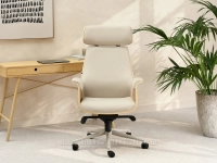 DĘBOWY fotel biurowy w BEŻOWEJ ekoskórze LEONARD NOGA BEŻ - stylowy design i neutralna kolorystyka