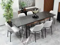Stół do jadalni rozkładany z marmurowym blatem PUERTO P14 - wersja rozłożona z dwoma wkładkami
