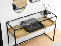  WĄSKA KONSOLA ZE SZKLANYM BLATEM I PÓŁKĄ Z NADSTAWKĄ ELIAS DĄB CZARNY - mobilna półka