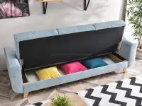 Skandynawska sofa KADI BŁĘKITNA z funckją spania - pojemnik na pościel