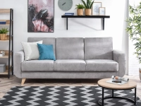 Sofa w stylu skandynawskim z funkcją spania KADI szara - w aranżacji z regałem BERG i stolikiem KODIA