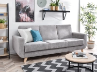 Sofa w stylu skandynawskim z funkcją spania KADI szara - w aranżacji z regałem BERG i stolikiem KODIA