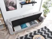 Sofa w stylu skandynawskim z funkcją spania KADI szara - pojemnik na pościel