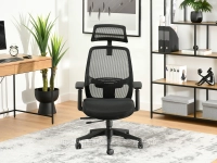 Fotel biurowy ergonomiczny tkanina mesh LARGO CZARNY - w aranżacji z biurkiem UNIF i regałem CLARK