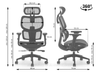 Fotel biurowy ergonomiczny CZARNY MESH HANOI - wymiary
