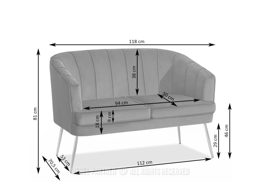 Sofa dwuosobowa ESTEL KREMOWY WELUR ZŁOTA PODSTAWA - wymiary