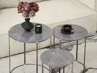 Komplet stolików kawowych BELLARI MARMUR SZARY - NIKIEL - blaty ze szkła z imitacją marmuru