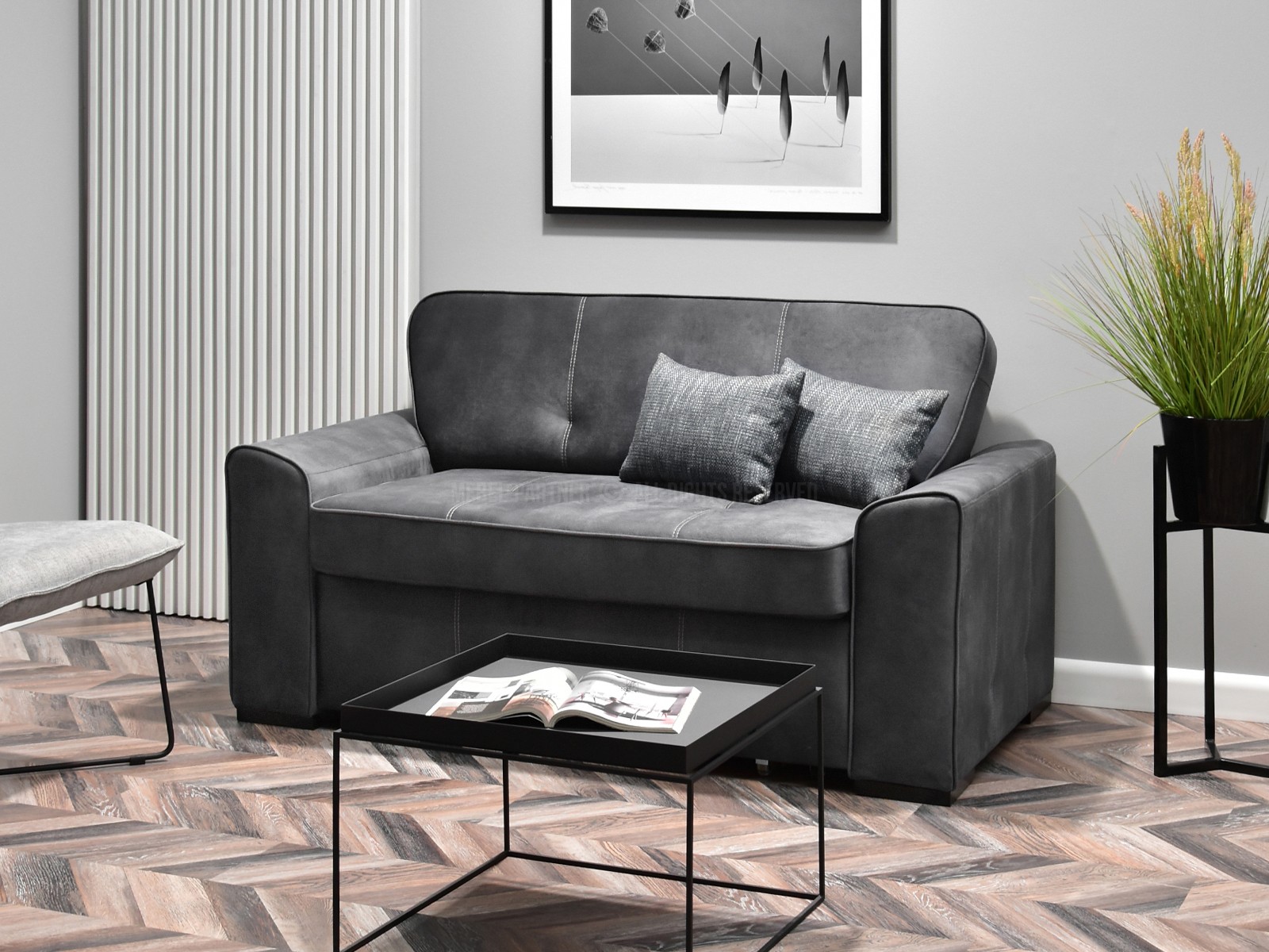 sofa lino grafitowy tkanina, podstawa czarny